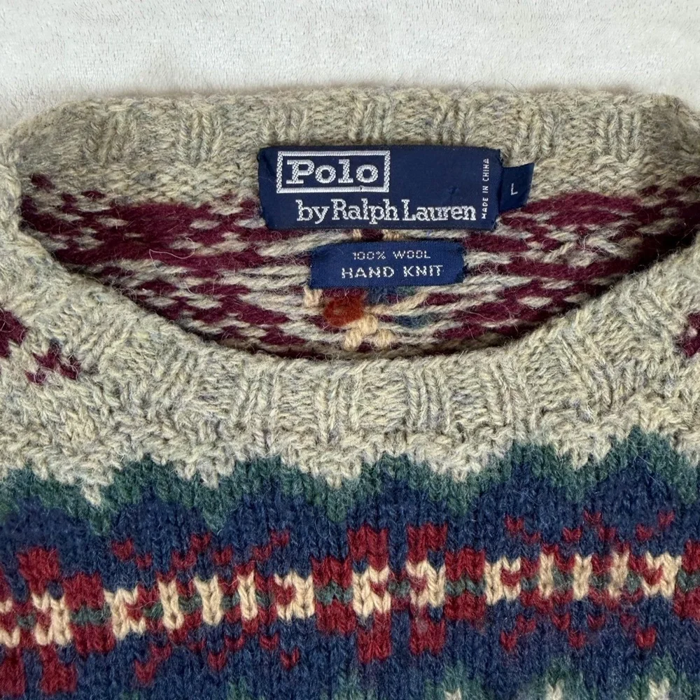 INSANE Polo Ralph Lauren Hand Knit Wool Aztec Beige & Burgundy Crewneck Sweater